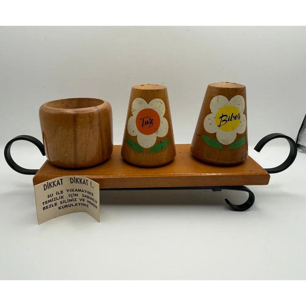 Vintage 1970s Turkish Hand-Painted Wooden Salt & Pepper Shaker Set with Stand -